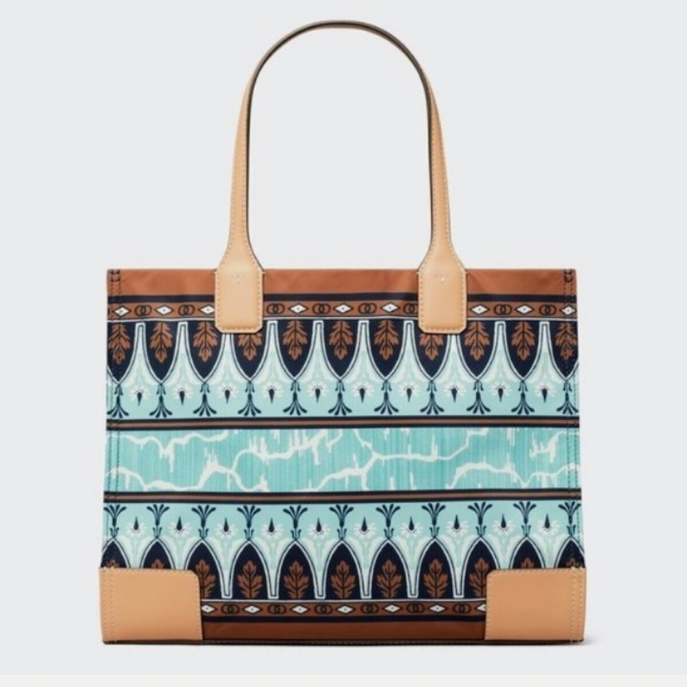 LIKE NEW Tory Burch Large Ella Tote - Tan Trim w/Aqua, Navy, Brown Pattern - Picture 3 of 15